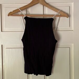 Black knit pearl strap top S